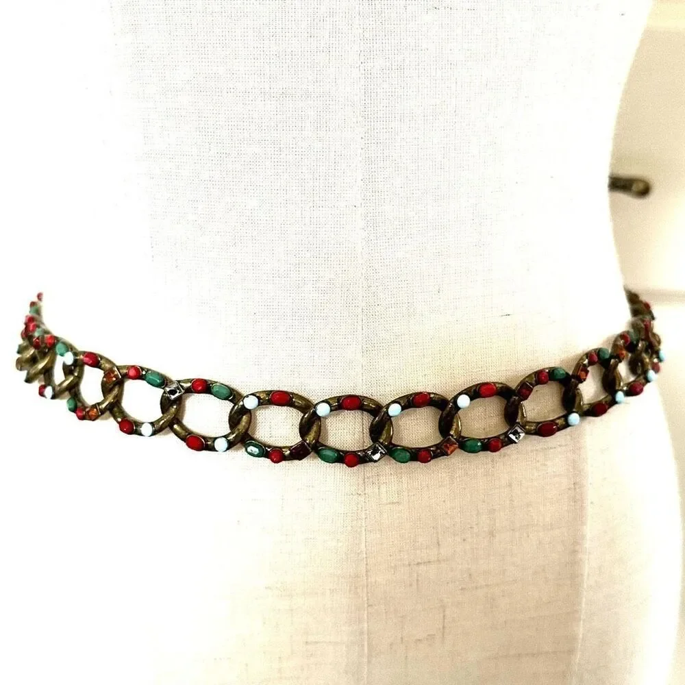 Vintage antiqued gold tone jeweled adjustable chain belt